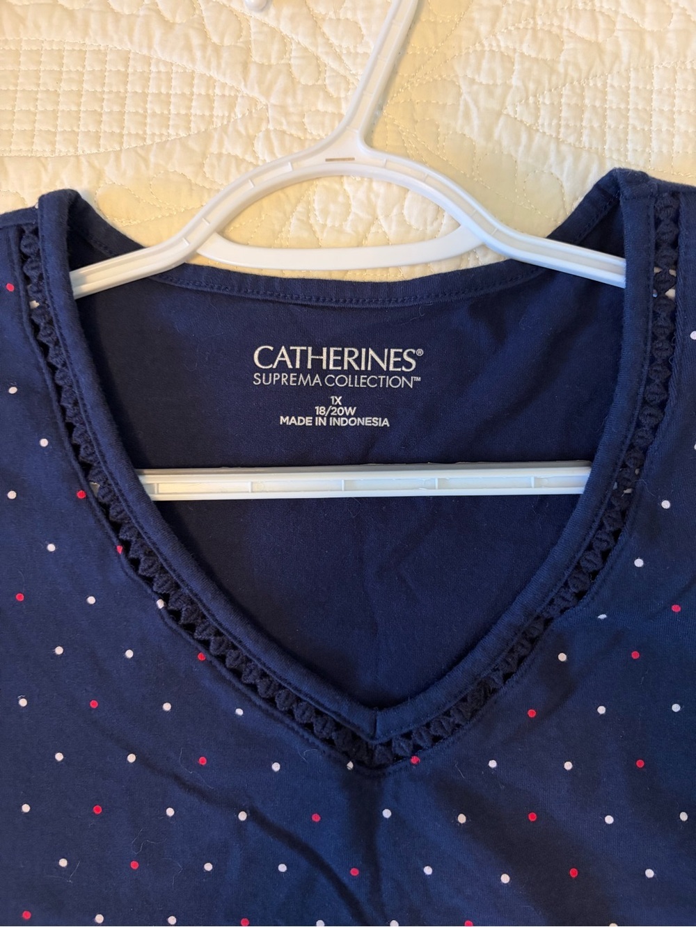 Catherines Navy V-Neck Short Sleeve Top with Red and White Dots - Picture 5 of 5